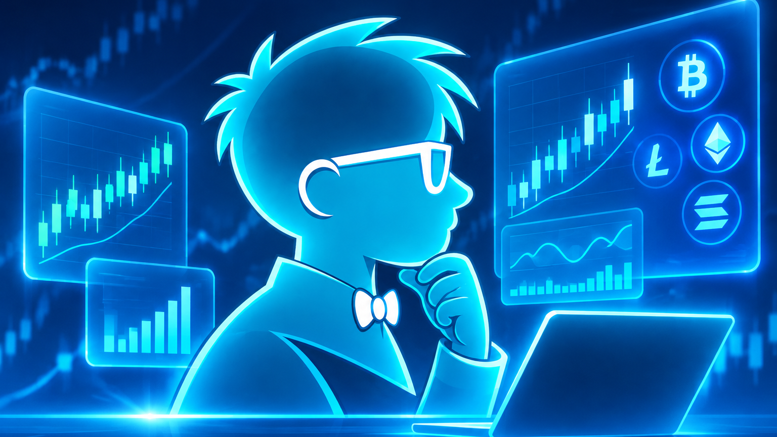 Blue neon digital mentor reviewing trading charts for educational market analysis